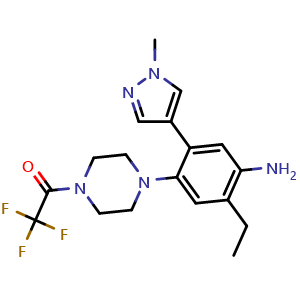 Chemical structure of 1-(4-(4-Amino-5-ethyl-2-(1-methyl-1H-pyrazol-4-yl)phenyl)piperazin-1-yl)-2,2,2-trifluoroethan-1-one , AChemBlock AD291716