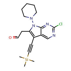 Chemical structure of 2-(2-Chloro-7-(piperidin-1-yl)-5-((trimethylsilyl)ethynyl)-7H-pyrrolo[2,3-d]pyrimidin-6-yl)acetaldehyde , AChemBlock AD291719