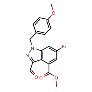 Chemical structure of Methyl 6-bromo-3-formyl-1-(4-methoxybenzyl)-1H-indazole-4-carboxylate , AChemBlock AD291725