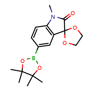 Chemical structure of 1-Methyl-5-(4,4,5,5-tetramethyl-1,3,2-dioxaborolan-2-yl)spiro[indoline-3,2'-[1,3]dioxolan]-2-one , AChemBlock AD291729
