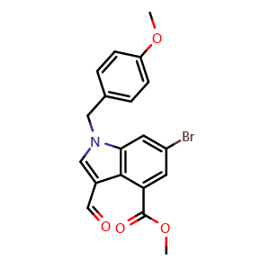 Chemical structure of Methyl 6-bromo-3-formyl-1-(4-methoxybenzyl)-1H-indole-4-carboxylate , AChemBlock AD291730