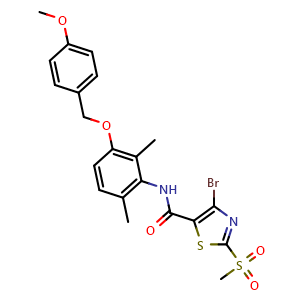 Chemical structure of 4-Bromo-N-(3-((4-methoxybenzyl)oxy)-2,6-dimethylphenyl)-2-(methylsulfonyl)thiazole-5-carboxamide , AChemBlock AD291735
