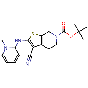 Chemical structure of tert-Butyl 3-cyano-2-((1-methyl-1,2-dihydropyridin-2-yl)amino)-4,7-dihydrothieno[2,3-c]pyridine-6(5H)-carboxylate , AChemBlock AD291736