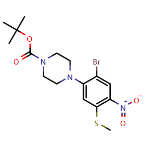 Chemical structure of tert-Butyl 4-(2-bromo-5-(methylthio)-4-nitrophenyl)piperazine-1-carboxylate , AChemBlock AD291749