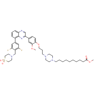 Chemical structure of Methyl 10-(4-(3-(4-(8-(4-((1,1-dioxidothiomorpholino)methyl)-3,5-difluorophenyl)quinoxalin-2-yl)-2-methoxyphenoxy)propyl)piperazin-1-yl)decanoate , AChemBlock AD291751