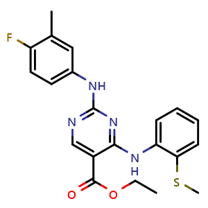 Chemical structure of Ethyl 2-((4-fluoro-3-methylphenyl)amino)-4-((2-(methylthio)phenyl)amino)pyrimidine-5-carboxylate , AChemBlock AD291760