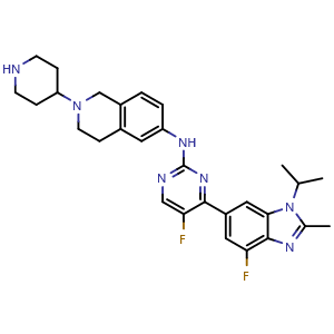 Chemical structure of N-(5-Fluoro-4-(4-fluoro-1-isopropyl-2-methyl-1H-benzo[d]imidazol-6-yl)pyrimidin-2-yl)-2-(piperidin-4-yl)-1,2,3,4-tetrahydroisoquinolin-6-amine , AChemBlock AD291762