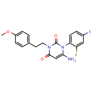 Chemical structure of 6-Amino-1-(2-fluoro-4-iodophenyl)-3-(4-methoxyphenethyl)pyrimidine-2,4(1H,3H)-dione , AChemBlock AD291764