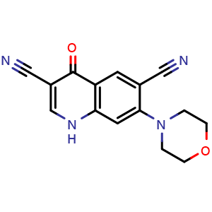 Chemical structure of 7-Morpholino-4-oxo-1,4-dihydroquinoline-3,6-dicarbonitrile , AChemBlock AD291768