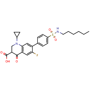 Chemical structure of 1-Cyclopropyl-6-fluoro-7-(4-(N-hexylsulfamoyl)phenyl)-4-oxo-1,2,3,4-tetrahydroquinoline-3-carboxylic acid , AChemBlock AD291771