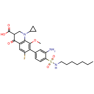 Chemical structure of 7-(3-Amino-4-(N-heptylsulfamoyl)phenyl)-1-cyclopropyl-6-fluoro-8-methoxy-4-oxo-1,2,3,4-tetrahydroquinoline-3-carboxylic acid , AChemBlock AD291772