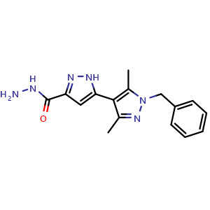 Chemical structure of 1'-Benzyl-3',5'-dimethyl-1'H,2H-[3,4'-bipyrazole]-5-carbohydrazide , AChemBlock AD291776
