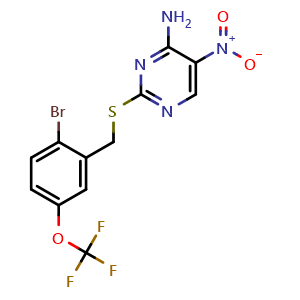 Chemical structure of 2-((2-Bromo-5-(trifluoromethoxy)benzyl)thio)-5-nitropyrimidin-4-amine , AChemBlock AD291799