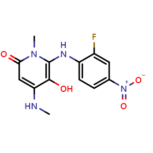 Chemical structure of 6-((2-Fluoro-4-nitrophenyl)amino)-5-hydroxy-1-methyl-4-(methylamino)pyridin-2(1H)-one , AChemBlock AD291800