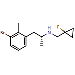 Chemical structure of (R)-1-(3-Bromo-2-methylphenyl)-N-((1-fluorocyclopropyl)methyl)propan-2-amine , AChemBlock AD291817