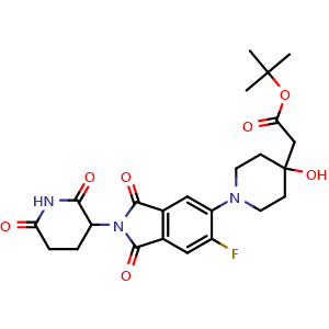 Chemical structure of tert-Butyl 2-(1-(2-(2,6-dioxopiperidin-3-yl)-6-fluoro-1,3-dioxoisoindolin-5-yl)-4-hydroxypiperidin-4-yl)acetate , AChemBlock AD291832