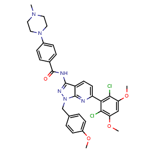 Chemical structure of N-(6-(2,6-Dichloro-3,5-dimethoxyphenyl)-1-(4-methoxybenzyl)-1H-pyrazolo[3,4-b]pyridin-3-yl)-4-(4-methylpiperazin-1-yl)benzamide , AChemBlock AD291833