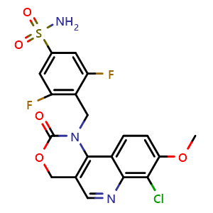 Chemical structure of 4-((7-Chloro-8-methoxy-2-oxo-2H-[1,3]oxazino[5,4-c]quinolin-1(4H)-yl)methyl)-3,5-difluorobenzenesulfonamide , AChemBlock AD291841