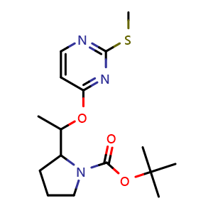 Chemical structure of tert-Butyl 2-(1-((2-(methylthio)pyrimidin-4-yl)oxy)ethyl)pyrrolidine-1-carboxylate , AChemBlock AD291847
