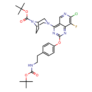 Chemical structure of tert-Butyl 3-(2-(4-(2-((tert-butoxycarbonyl)amino)ethyl)phenoxy)-7-chloro-8-fluoropyrido[4,3-d]pyrimidin-4-yl)-3,8-diazabicyclo[3.2.1]octane-8-carboxylate , AChemBlock AD291848