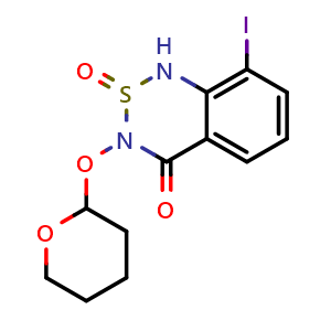 Chemical structure of 8-Iodo-3-((tetrahydro-2H-pyran-2-yl)oxy)-1H-benzo[c][1,2,6]thiadiazin-4(3H)-one 2-oxide , AChemBlock AD291858