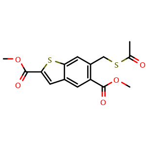 Chemical structure of Dimethyl 6-((acetylthio)methyl)benzo[b]thiophene-2,5-dicarboxylate , AChemBlock AD291865
