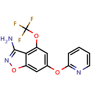 Chemical structure of 6-(Pyridin-2-yloxy)-4-(trifluoromethoxy)benzo[d]isoxazol-3-amine , AChemBlock AD291867