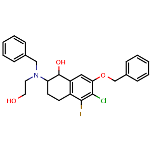 Chemical structure of 2-(Benzyl(2-hydroxyethyl)amino)-7-(benzyloxy)-6-chloro-5-fluoro-1,2,3,4-tetrahydronaphthalen-1-ol , AChemBlock AD291869