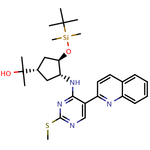 Chemical structure of 2-((1S,3R,4R)-3-((tert-Butyldimethylsilyl)oxy)-4-((2-(methylthio)-5-(quinolin-2-yl)pyrimidin-4-yl)amino)cyclopentyl)propan-2-ol , AChemBlock AD291880