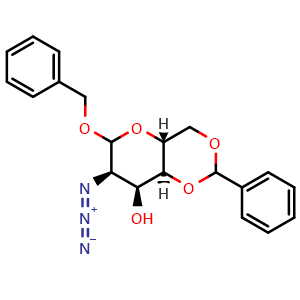Chemical structure of (4aR,7R,8S,8aS)-7-Azido-6-(benzyloxy)-2-phenylhexahydropyrano[3,2-d][1,3]dioxin-8-ol , AChemBlock AD291888