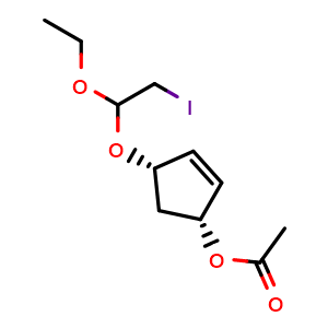 Chemical structure of (1R,4S)-4-(1-Ethoxy-2-iodoethoxy)cyclopent-2-en-1-yl acetate , AChemBlock AD291889