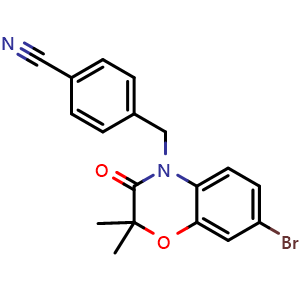 Chemical structure of 4-((7-Bromo-2,2-dimethyl-3-oxo-2,3-dihydro-4H-benzo[b][1,4]oxazin-4-yl)methyl)benzonitrile , AChemBlock AD291891