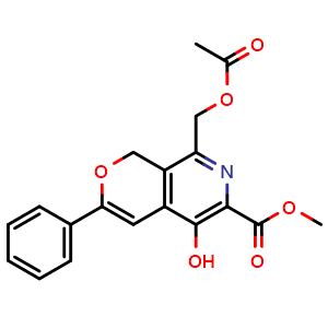Chemical structure of Methyl 8-(acetoxymethyl)-5-hydroxy-3-phenyl-1H-pyrano[3,4-c]pyridine-6-carboxylate , AChemBlock AD291893