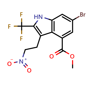 Chemical structure of Methyl 6-bromo-3-(2-nitroethyl)-2-(trifluoromethyl)-1H-indole-4-carboxylate , AChemBlock AD291895