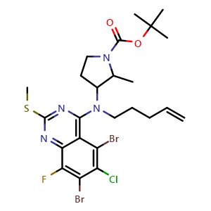 Chemical structure of tert-Butyl 3-((5,7-dibromo-6-chloro-8-fluoro-2-(methylthio)quinazolin-4-yl)(pent-4-en-1-yl)amino)-2-methylpyrrolidine-1-carboxylate , AChemBlock AD291907