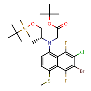 Chemical structure of tert-Butyl (R)-N-(6-bromo-7-chloro-5,8-difluoro-4-(methylthio)naphthalen-1-yl)-N-(1-((tert-butyldimethylsilyl)oxy)propan-2-yl)glycinate , AChemBlock AD291908