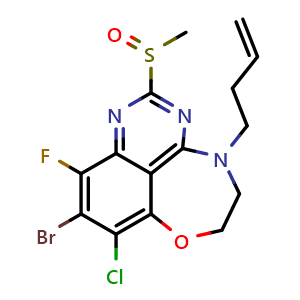 Chemical structure of 9-Bromo-4-(but-3-en-1-yl)-8-chloro-10-fluoro-2-(methylsulfinyl)-5,6-dihydro-4H-[1,4]oxazepino[5,6,7-de]quinazoline , AChemBlock AD291909