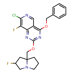 Chemical structure of 4-(Benzyloxy)-7-chloro-8-fluoro-2-((2-fluorotetrahydro-1H-pyrrolizin-7a(5H)-yl)methoxy)pyrido[4,3-d]pyrimidine , AChemBlock AD291910