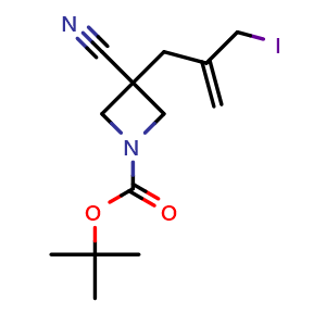 Chemical structure of tert-Butyl 3-cyano-3-(2-(iodomethyl)allyl)azetidine-1-carboxylate , AChemBlock AD291918