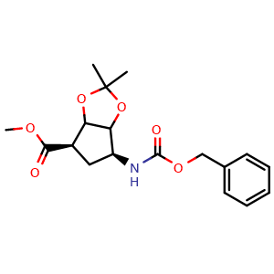 Chemical structure of Methyl (4R,6S)-6-(((benzyloxy)carbonyl)amino)-2,2-dimethyltetrahydro-4H-cyclopenta[d][1,3]dioxole-4-carboxylate , AChemBlock AD291919