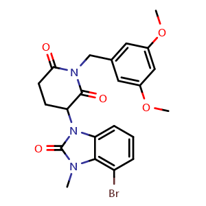 Chemical structure of 3-(4-Bromo-3-methyl-2-oxo-2,3-dihydro-1H-benzo[d]imidazol-1-yl)-1-(3,5-dimethoxybenzyl)piperidine-2,6-dione , AChemBlock AD291920