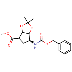 Chemical structure of Methyl (6S)-6-(((benzyloxy)carbonyl)amino)-2,2-dimethyltetrahydro-4H-cyclopenta[d][1,3]dioxole-4-carboxylate , AChemBlock AD291921