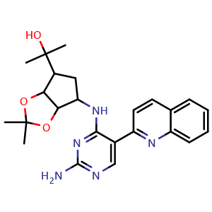 Chemical structure of 2-(6-((2-Amino-5-(quinolin-2-yl)pyrimidin-4-yl)amino)-2,2-dimethyltetrahydro-4H-cyclopenta[d][1,3]dioxol-4-yl)propan-2-ol , AChemBlock AD291925