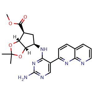 Chemical structure of Methyl (3aR,4S,6R,6aS)-6-((2-amino-5-(1,8-naphthyridin-2-yl)pyrimidin-4-yl)amino)-2,2-dimethyltetrahydro-4H-cyclopenta[d][1,3]dioxole-4-carboxylate , AChemBlock AD291929