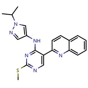 Chemical structure of N-(1-Isopropyl-1H-pyrazol-4-yl)-2-(methylthio)-5-(quinolin-2-yl)pyrimidin-4-amine , AChemBlock AD291932
