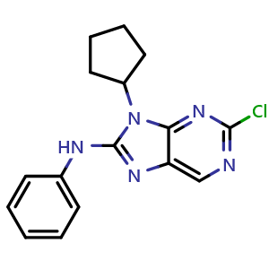 Chemical structure of 2-Chloro-9-cyclopentyl-N-phenyl-9H-purin-8-amine , AChemBlock AD291933