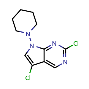 Chemical structure of 2,5-Dichloro-7-(piperidin-1-yl)-7H-pyrrolo[2,3-d]pyrimidine , AChemBlock AD291936