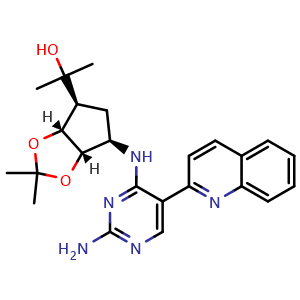 Chemical structure of 2-((3aR,4S,6R,6aS)-6-((2-Amino-5-(quinolin-2-yl)pyrimidin-4-yl)amino)-2,2-dimethyltetrahydro-4H-cyclopenta[d][1,3]dioxol-4-yl)propan-2-ol , AChemBlock AD291941