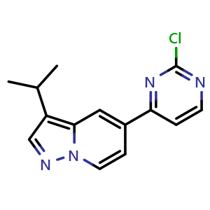 Chemical structure of 5-(2-Chloropyrimidin-4-yl)-3-isopropylpyrazolo[1,5-a]pyridine , CAS 2531750-58-8, AChemBlock AD291970