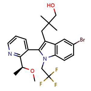 Chemical structure of (S)-3-(5-bromo-2-(2-(1-methoxyethyl)pyridin-3-yl)-1-(2,2,2-trifluoroethyl)-1H-indol-3-yl)-2,2-dimethylpropan-1-ol , CAS 2865162-15-6, AChemBlock AD291972
